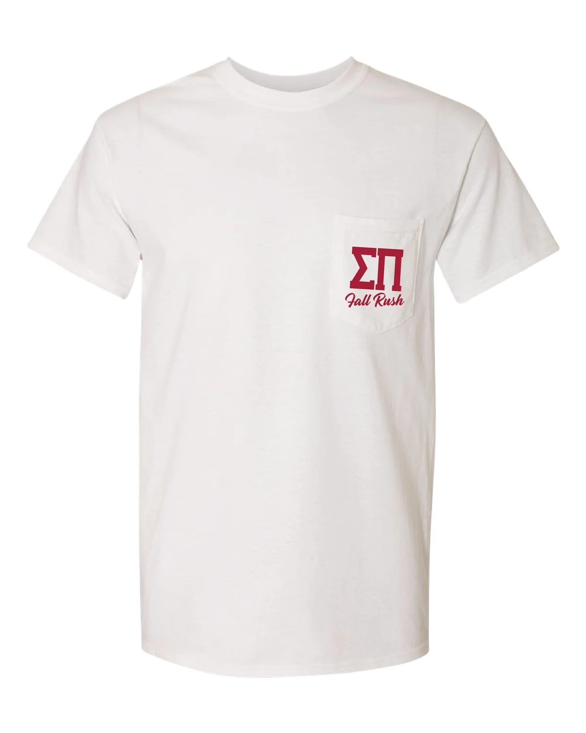 White shirt mockup with Sigma Pi front chest artwork