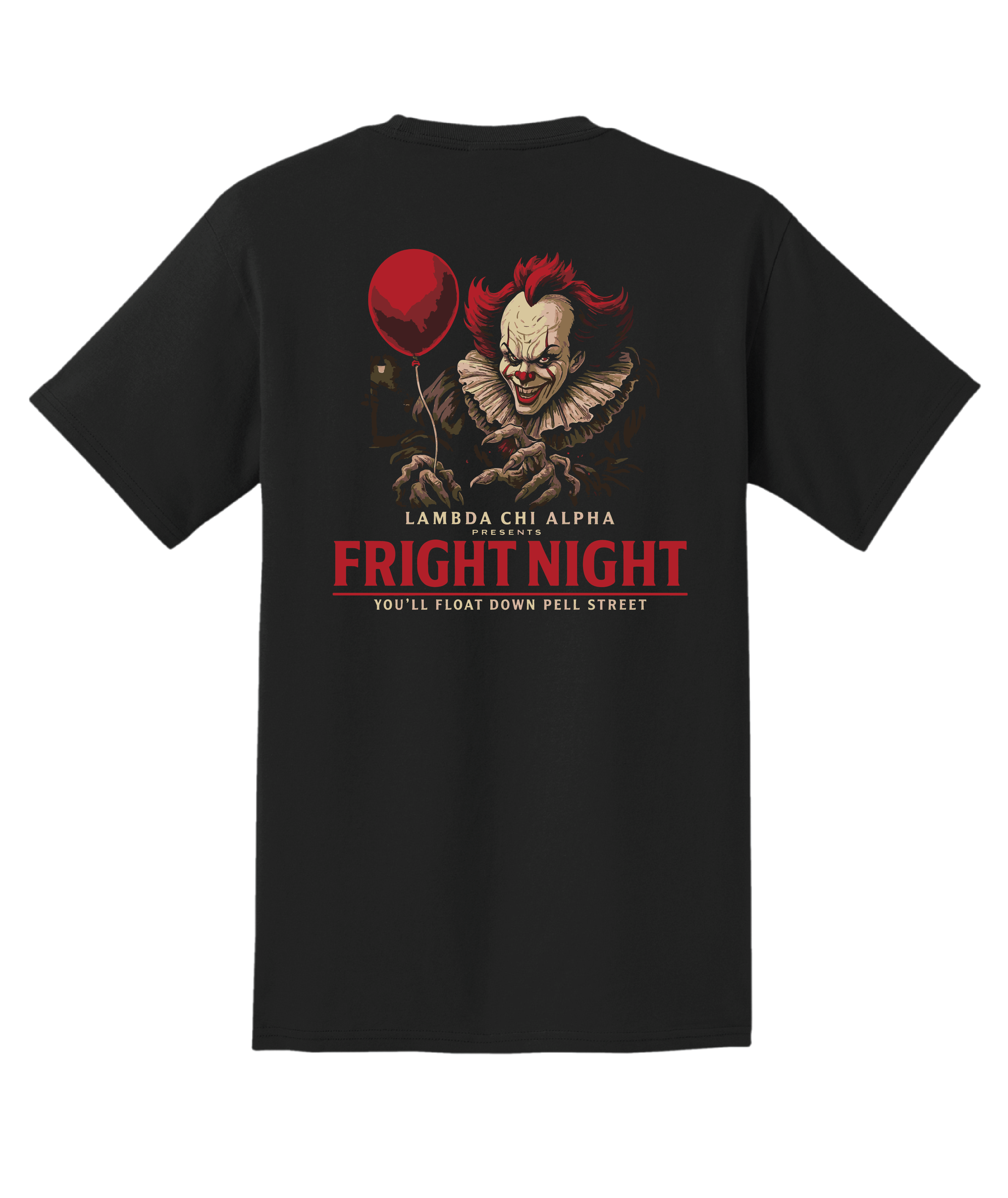 Black shirt mockup with Lambda Chi Alpha Fright Night back print