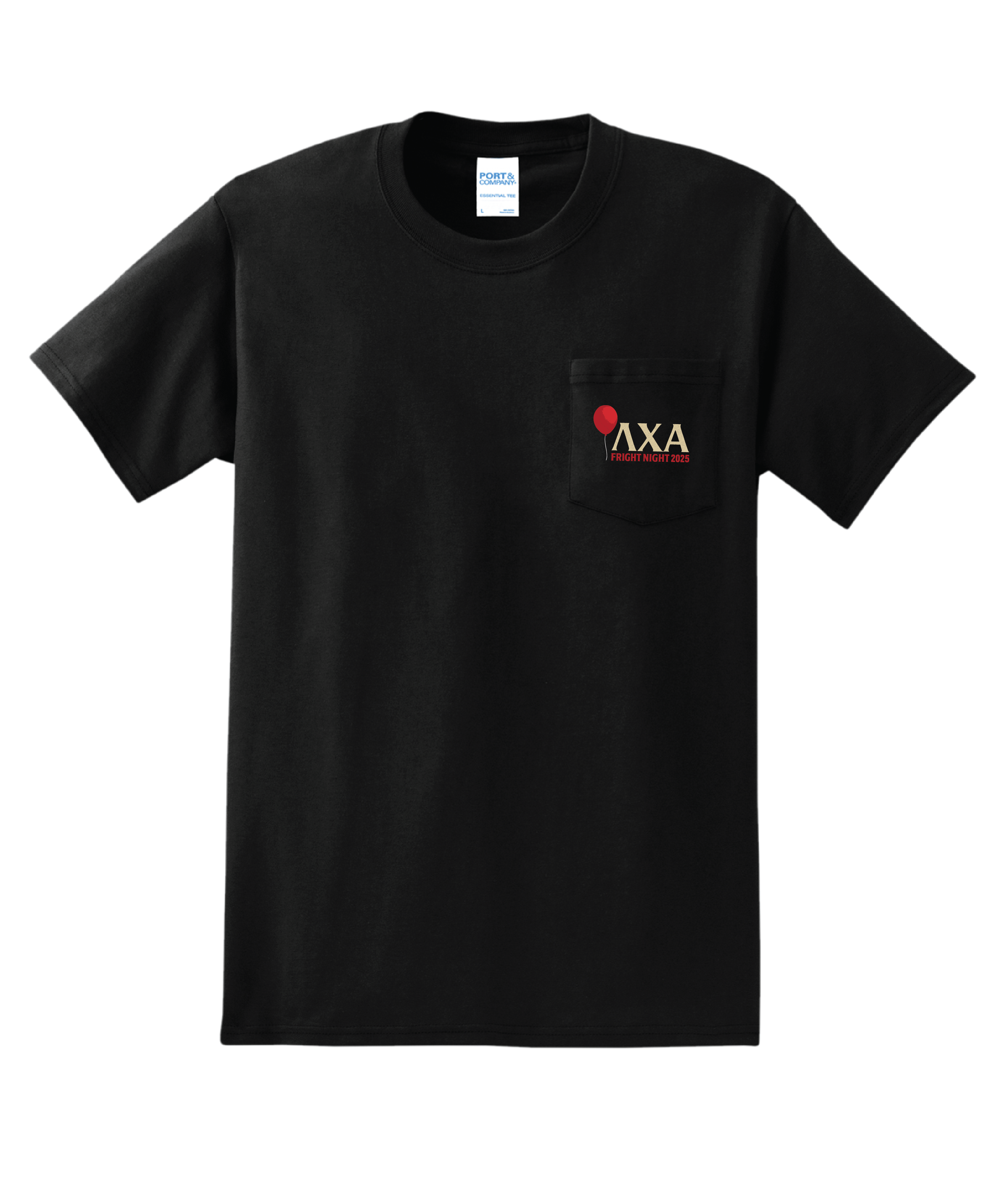 Black shirt mockup with Lambda Chi Alpha Fright Night front pocket print