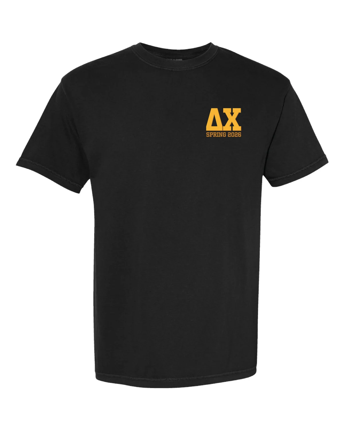 Black shirt mockup with Delta Chi front chest artwork