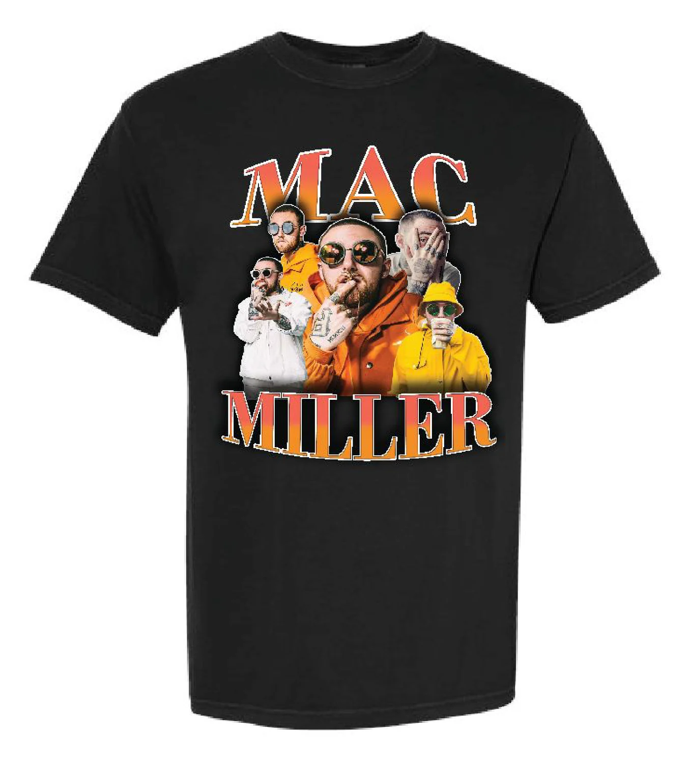 Black shirt mockup with Mac Miller inspired illustrated graphic