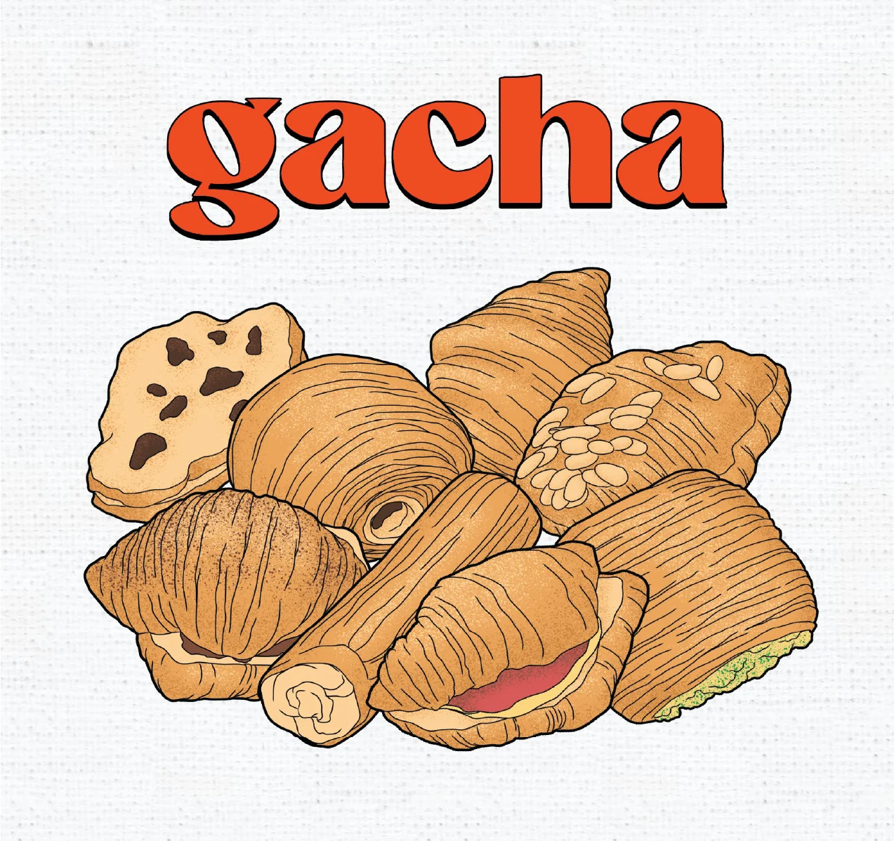 Gacha Bakehouse wordmark with pastry illustration