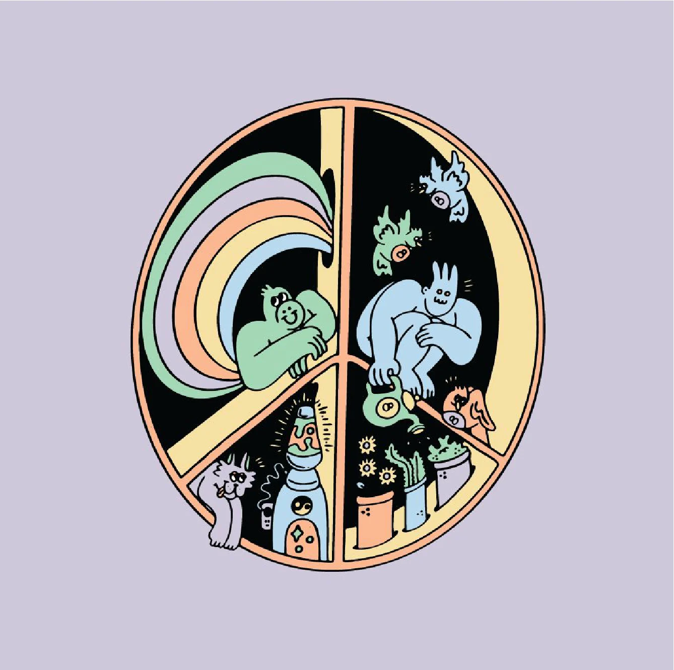 Circular illustrated badge with rainbow and stylized characters