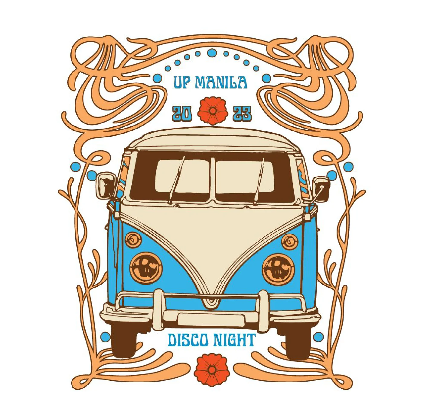UP Manila Disco Night illustration with bus and decorative lettering