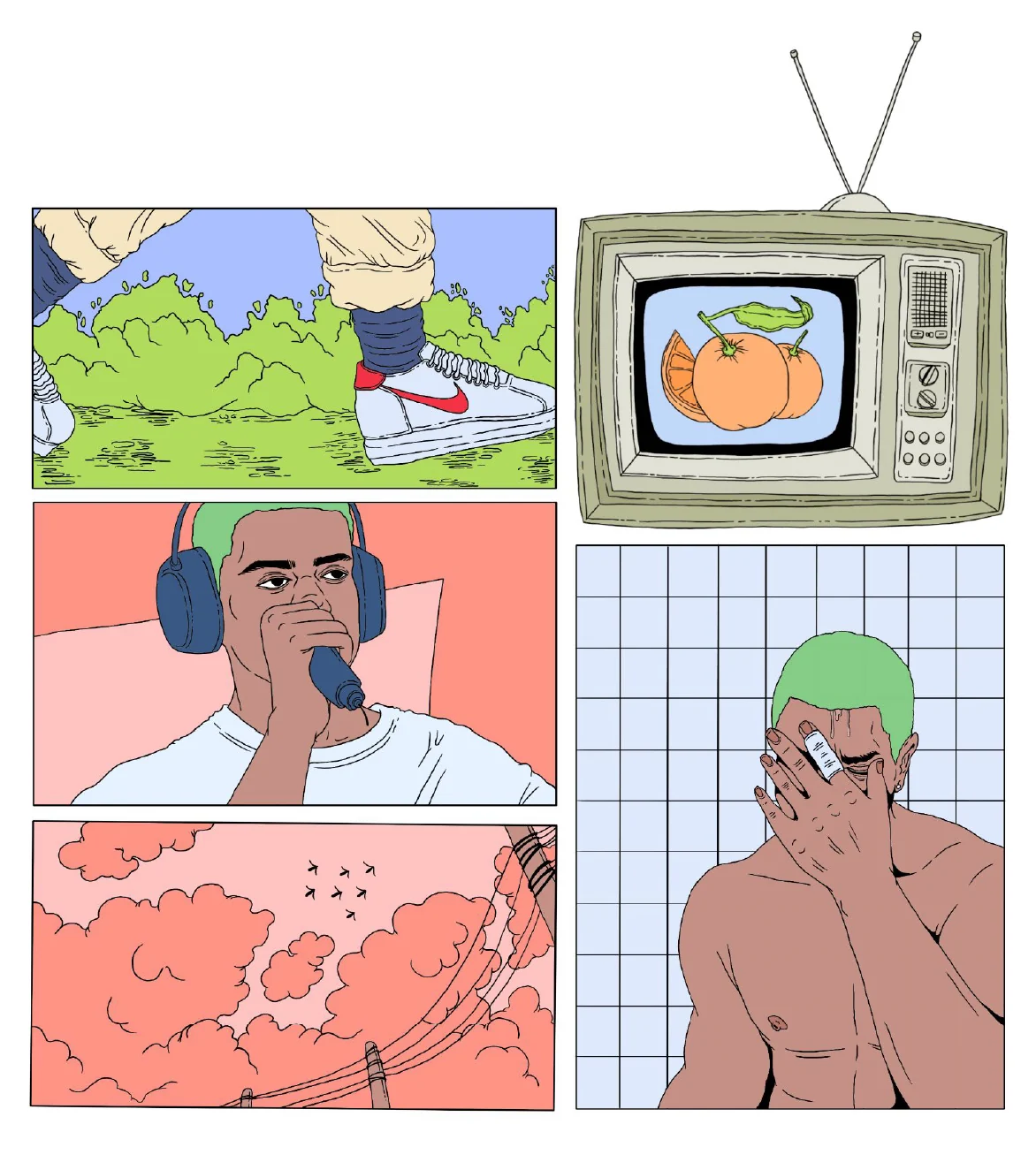 Comic-style illustrated panel composition